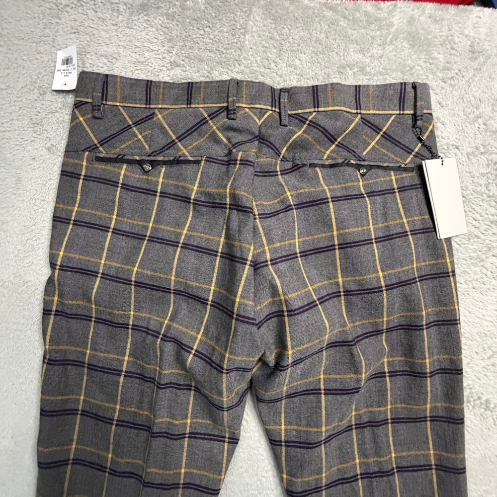 Suslo Couture Mens Grey Yellow Plaid Tailored Slim Fit Dress Pants W36 L32 NWT - Picture 3 of 12